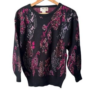 VINTAGE Knit Sweater | Black/Pink Floral Pattern | Medium